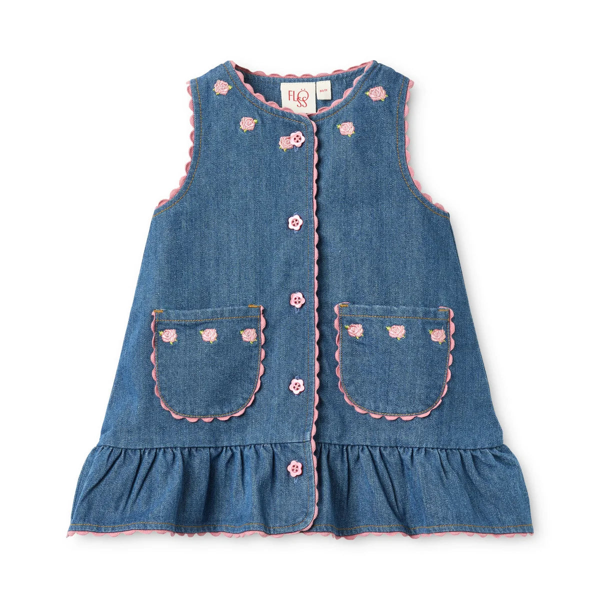 A sleeveless blue dress vest with pink scalloped trim, pink buttons, and embroidered pink flowers on the pockets and shoulders, shown flat on a white background.