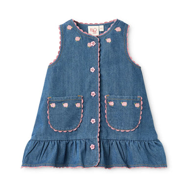 A sleeveless blue dress vest with pink scalloped trim, pink buttons, and embroidered pink flowers on the pockets and shoulders, shown flat on a white background.