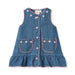 A sleeveless blue dress vest with pink scalloped trim, pink buttons, and embroidered pink flowers on the pockets and shoulders, shown flat on a white background.