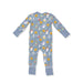 A baby's long-sleeve footed pajama romper in a dusty blue color, featuring a playful print of smiling pumpkins, ghosts, and moons on a starry background, with solid blue cuffs and a polka-dot pattern at the ankle cuffs.
