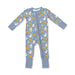 A baby's long-sleeve footed sleeper in a dusty blue color, decorated with a playful print of smiling ghosts, pumpkins, stars, and moons. The sleeper features a front zipper and ribbed cuffs on the wrists and ankles, shown flat on a white background.
