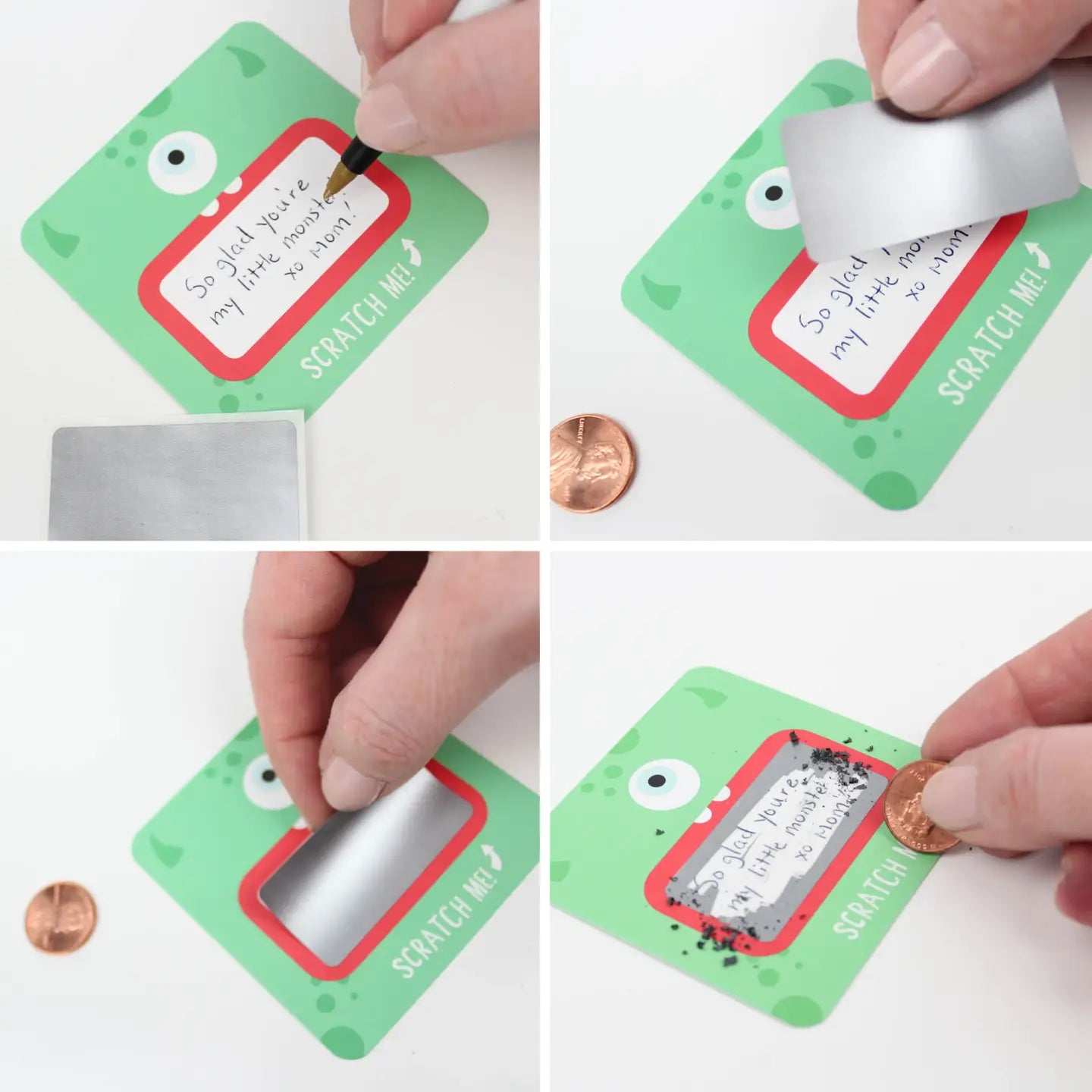 Step-by-step process of using a scratch-off card with a penny underneath.