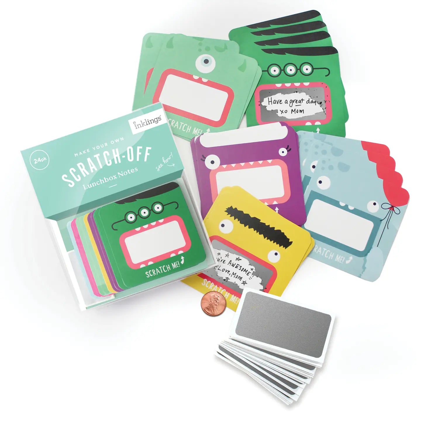 Set of colorful scratch-off notes with various designs on a white background