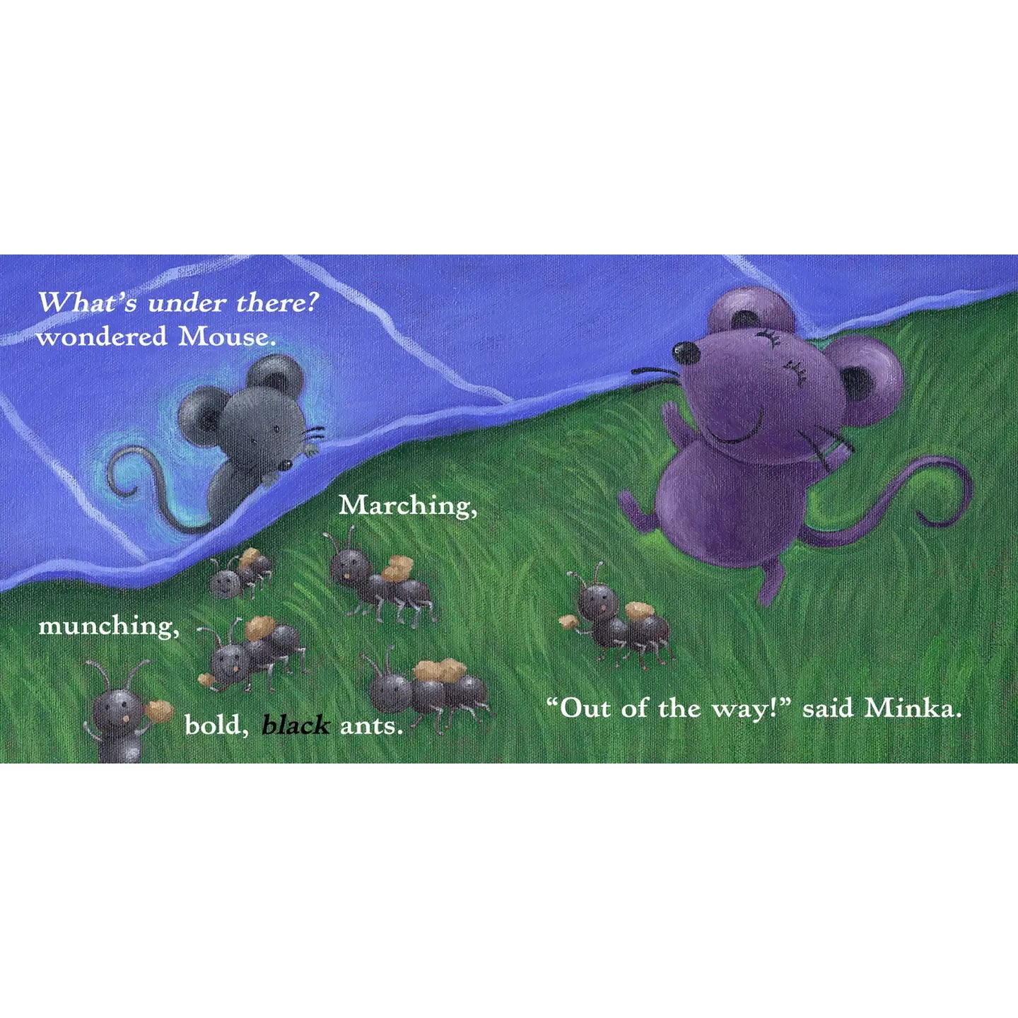 Illustration of a mouse and ants with text on a grassy field and blue sky background.