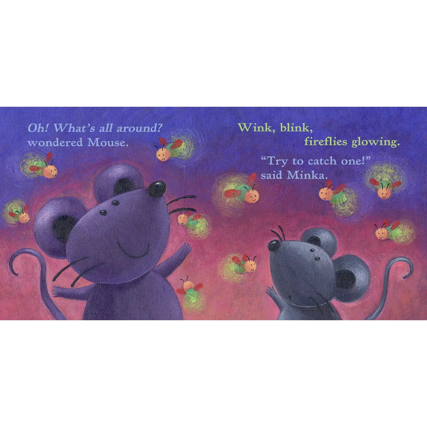 Illustration of two mice with fireflies on a purple and pink background
