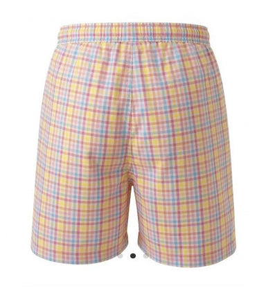 Plaid swim short with a yellow and blue pattern on a white background