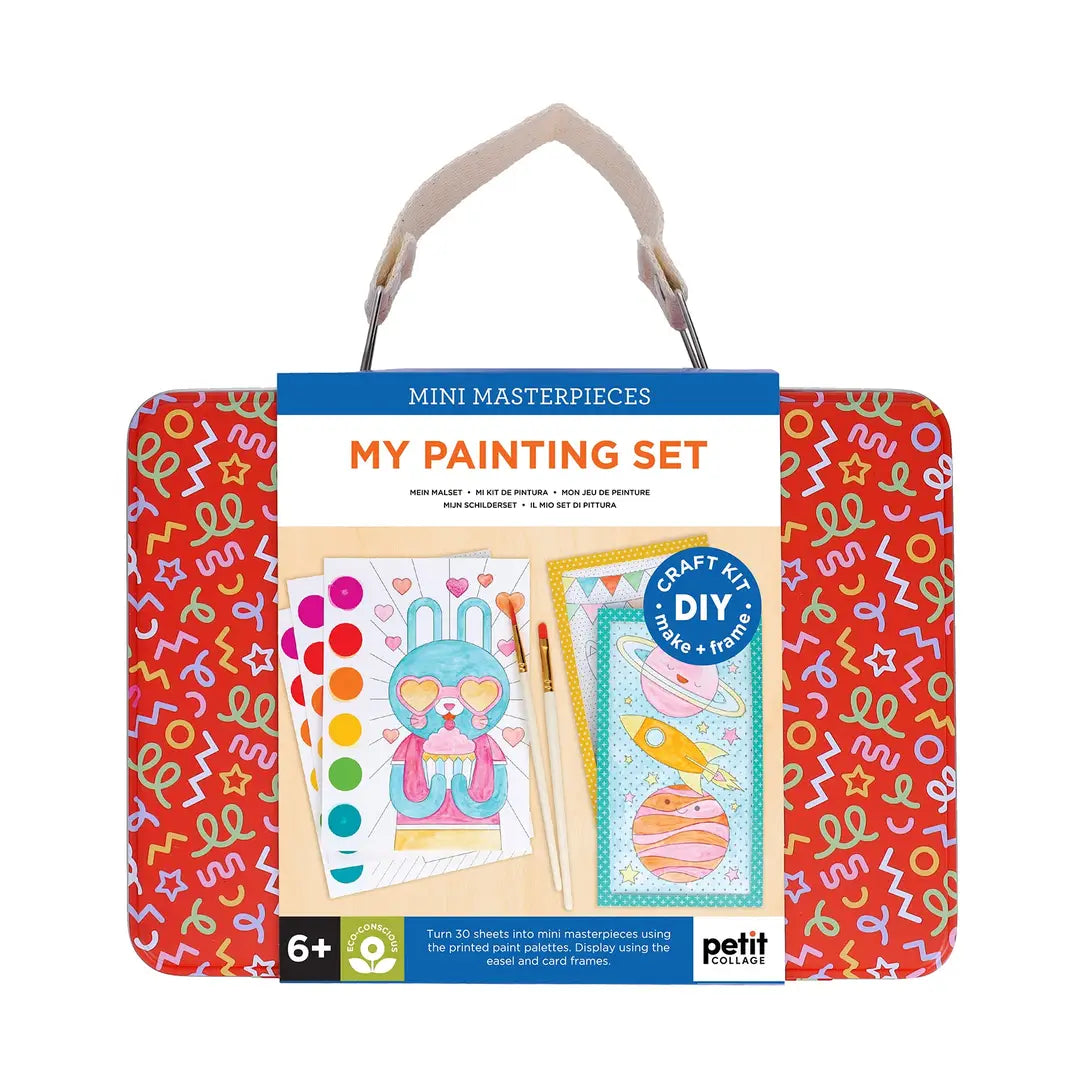 Colorful mini painting set with patterned lid and paintbrushes on a white background