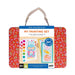 Colorful mini painting set with patterned lid and paintbrushes on a white background