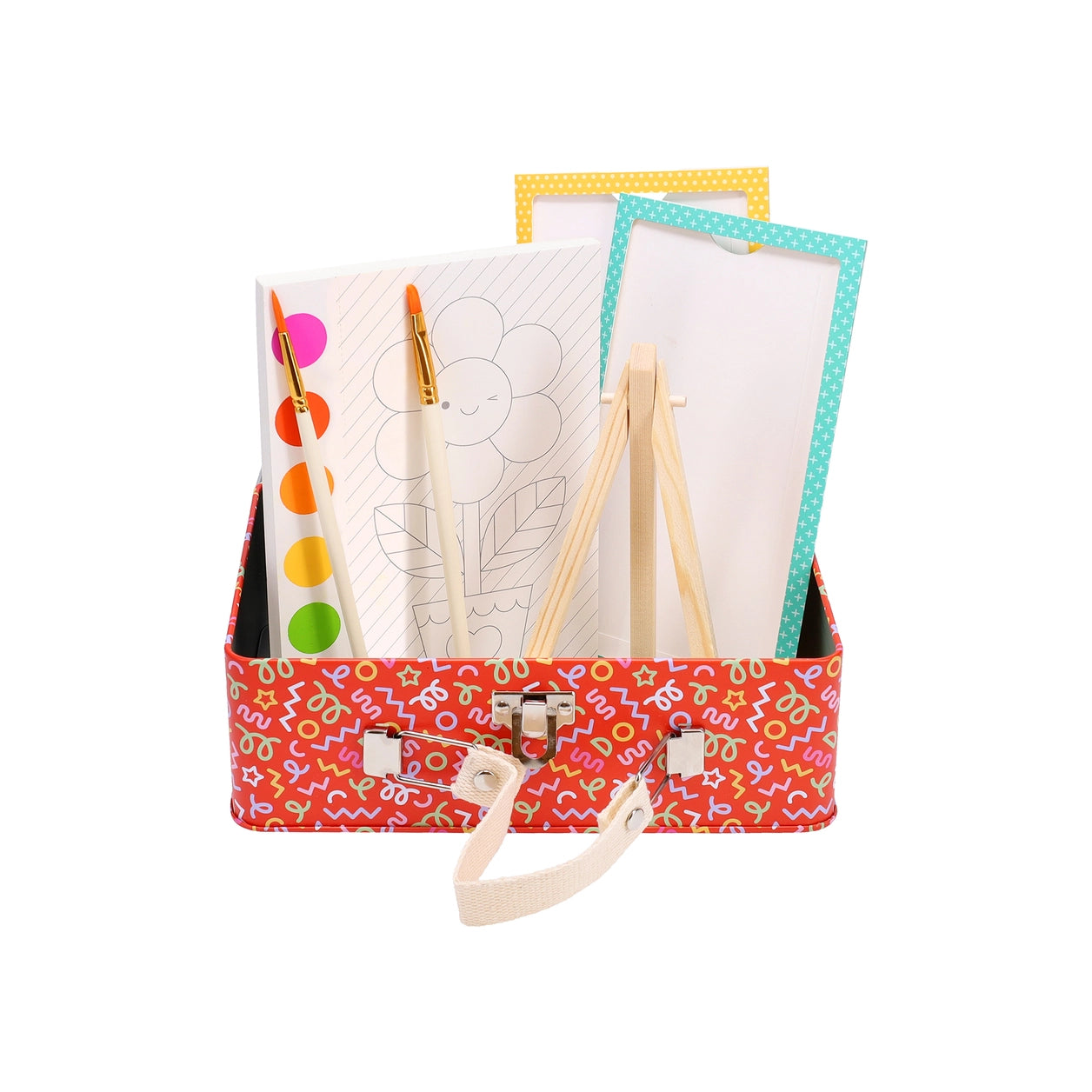 Colorful craft kit with drawing tools and materials on a white background