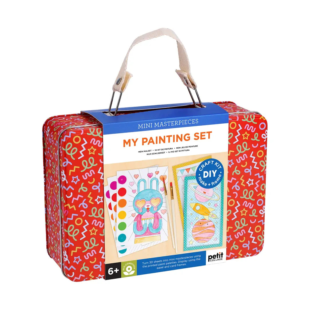 Painting set packaging with colorful design and text on a white background