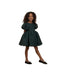 Young girl wearing a dark green shimmer dress with puff sleeves and a full skirt paired with black Mary Jane shoes on a white background from Noralee