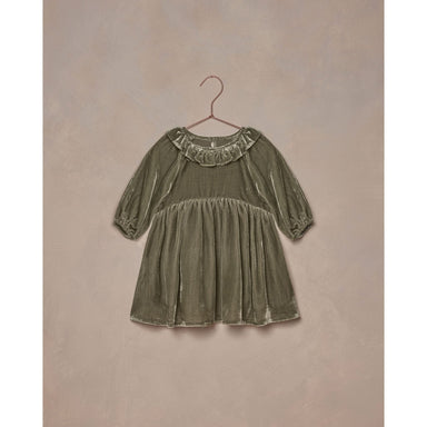 pine green colored velvet dress with ruffle collar and balloon sleeves and zipper back closure