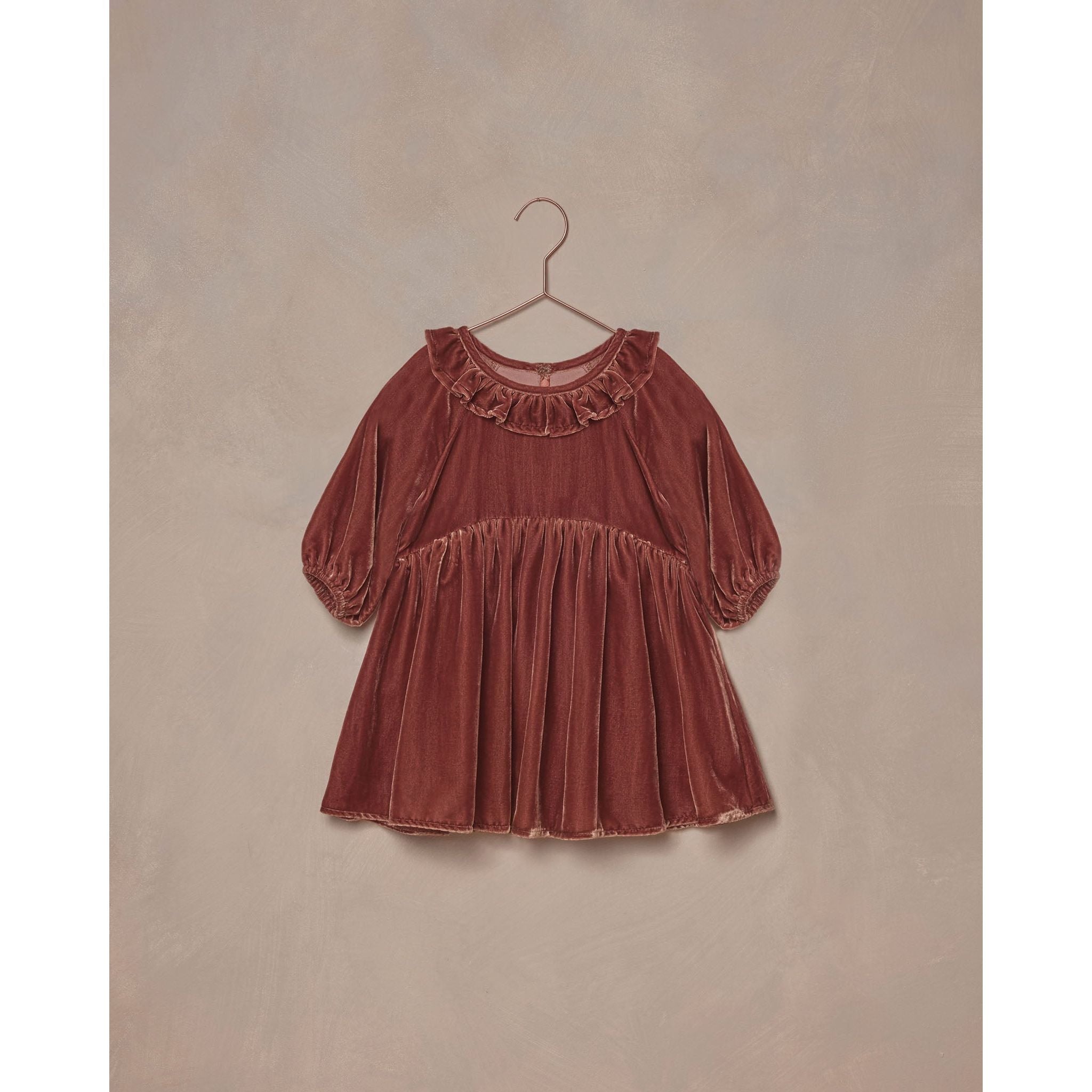 berry red colored velvet dress with ruffle collar and balloon sleeves and zipper back closure