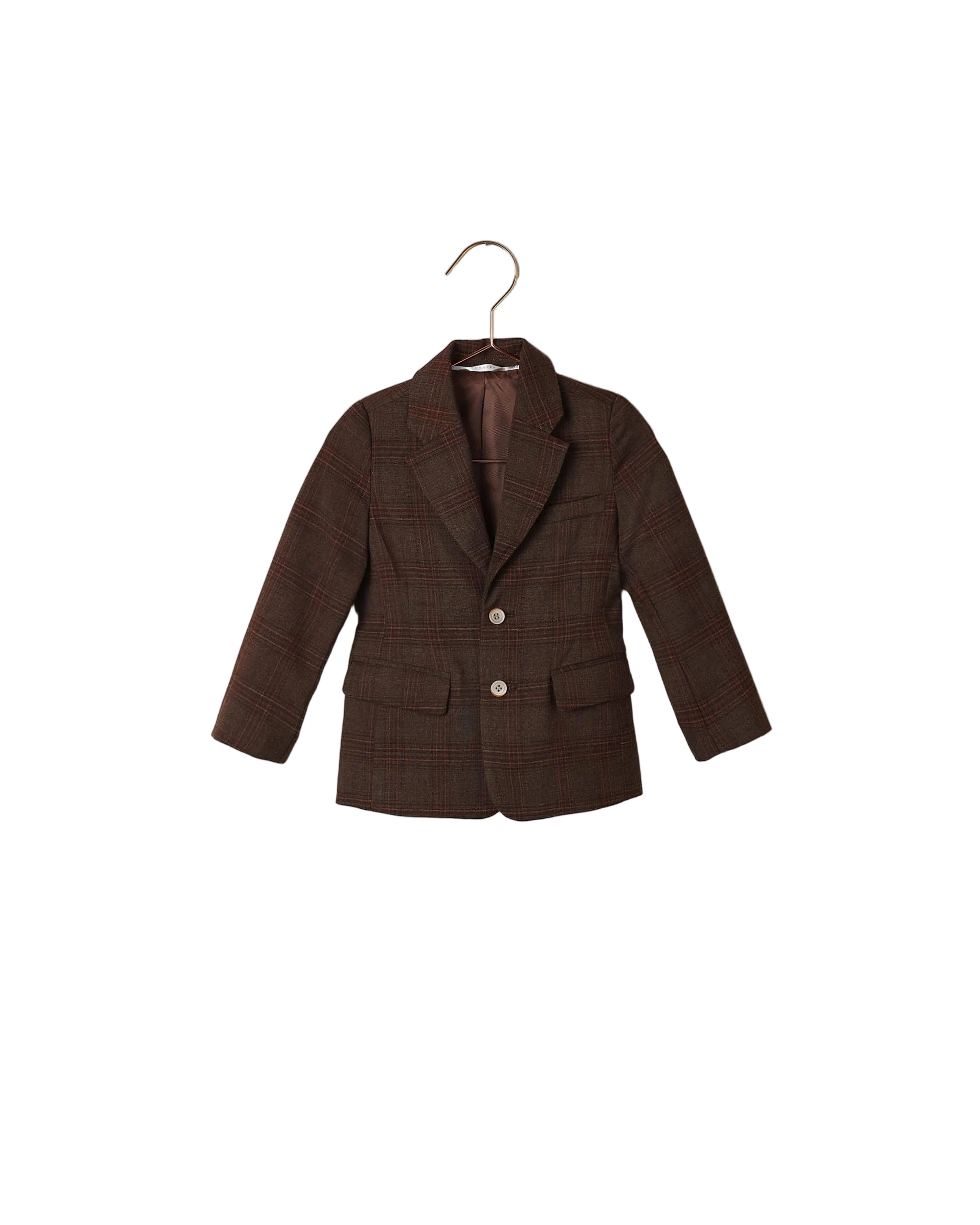 Noralee boys brown heathered plaid blazer with notched lapels two buttons flap pockets and long sleeves shown on a hanger