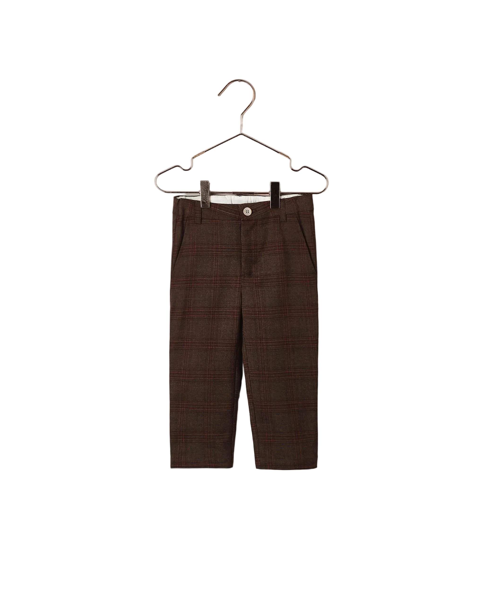 Noralee boys heathered plaid pants hanging on a hanger with a button closure and straight legs against a white background