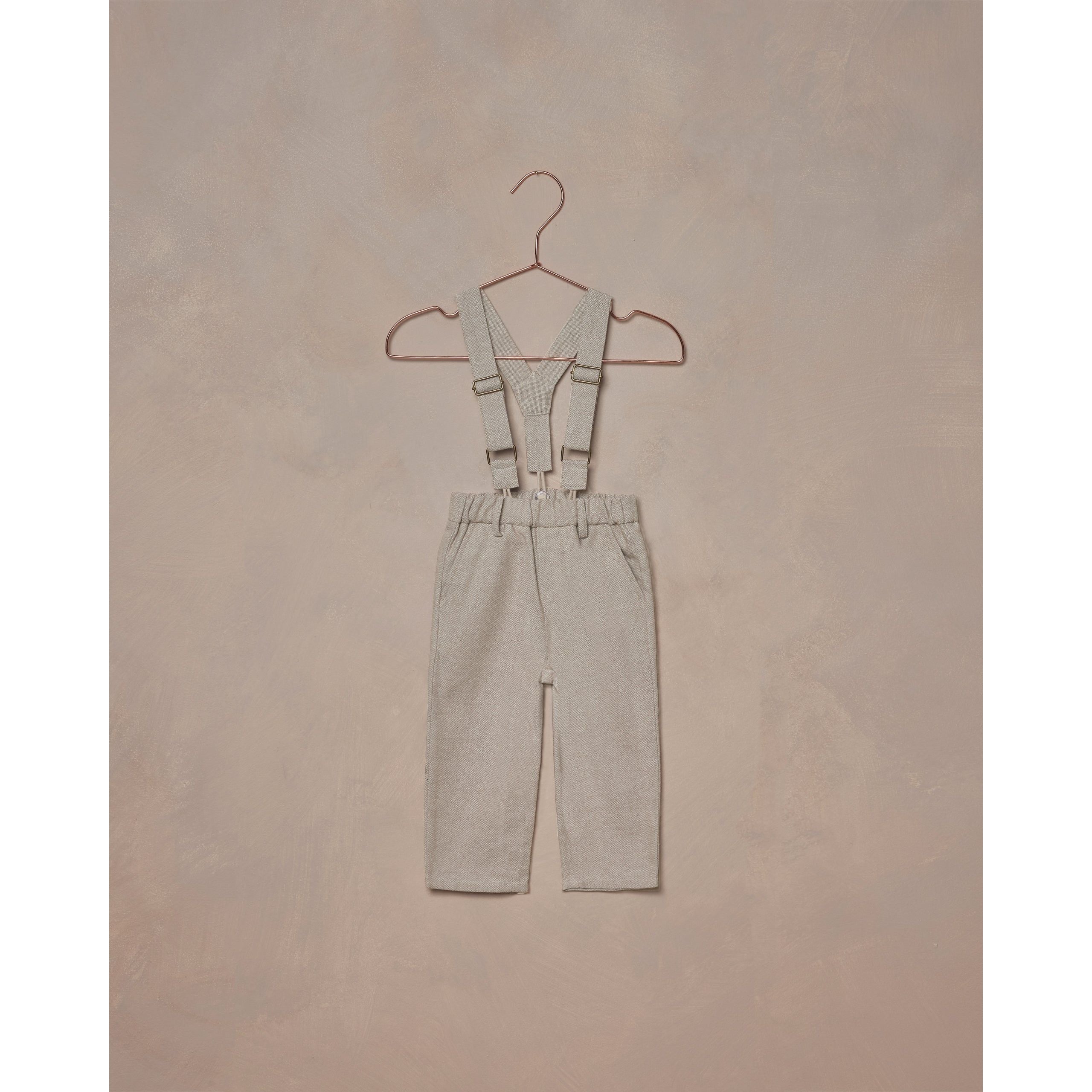 fog grey colored linen pants with suspenders