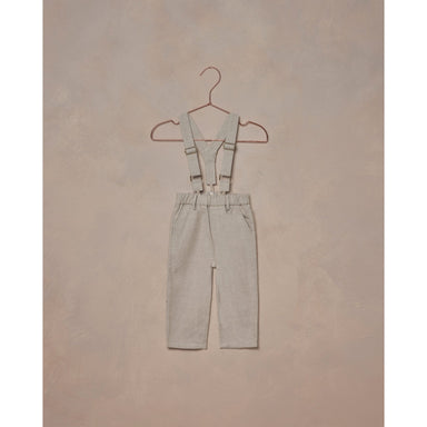 fog grey colored linen pants with suspenders