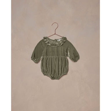 pine green colored long sleeve velvet bubble with ruffle detail at the neck and gathered waistline