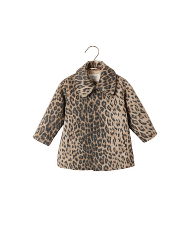 Noralee leopard print faux fur coat for children with a full collar long sleeves and front pockets displayed on a white background