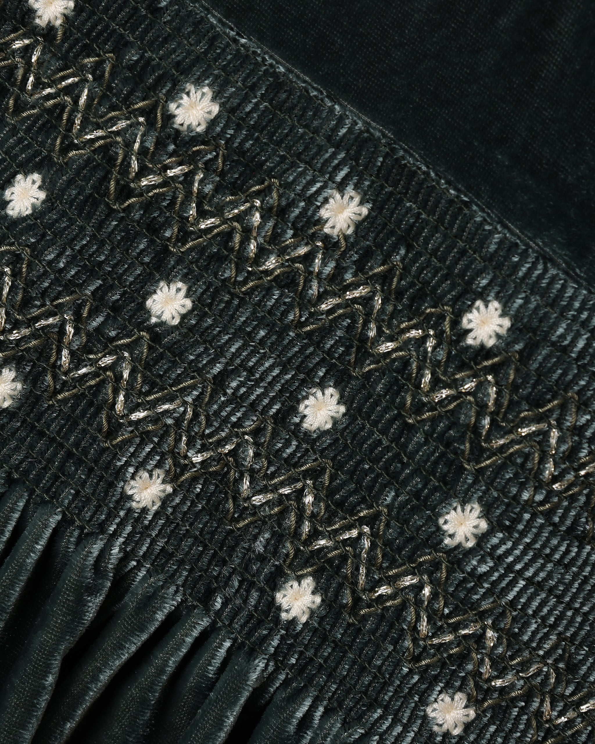 A close up of a green velvet fabric featuring a smocked bodice.