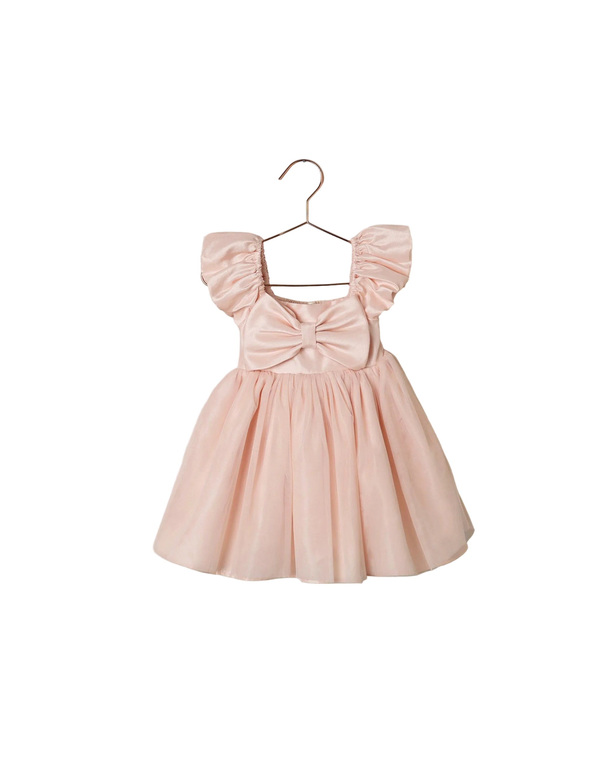 Pink dress with ruffled sleeves and a bow on a hanger against a white background