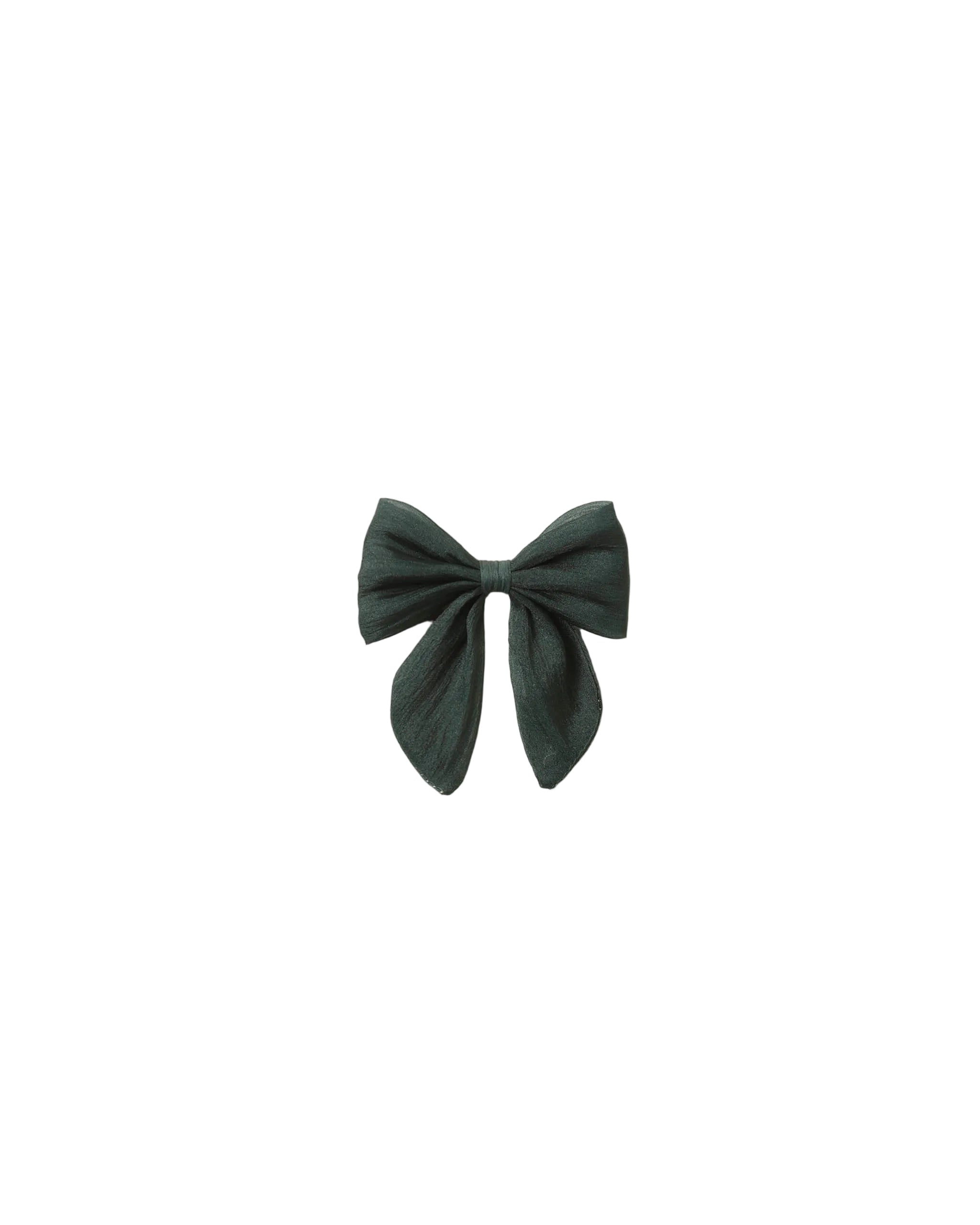 Dark green Noralee bow hair accessory displayed against a white background with softly folded loops and flowing tails