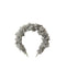 A light gray fabric headband with a textured, ruffled, fringed design and silver metal push-on ends, displayed on a white background.