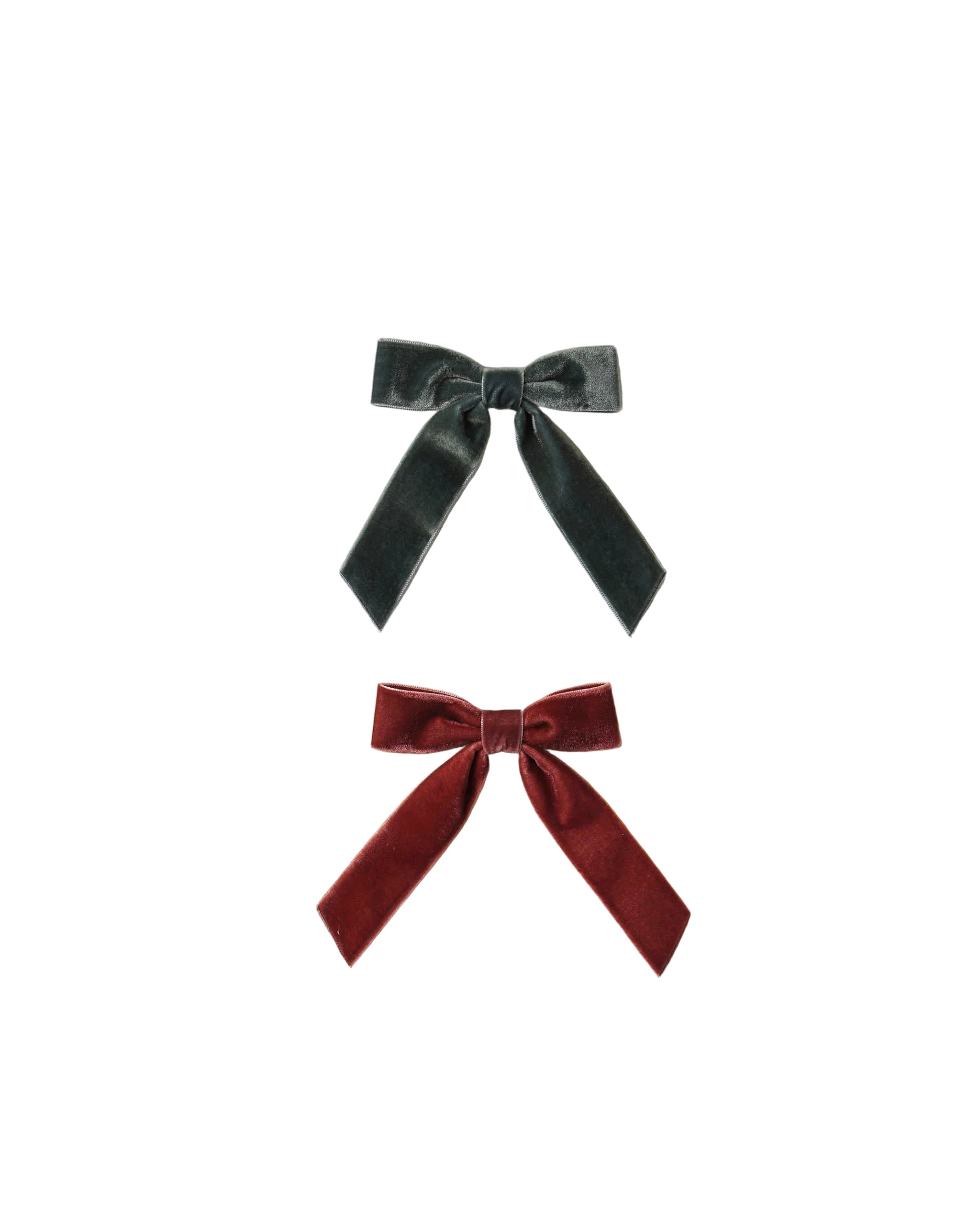 Noralee set of two velvet hair bows in deep green and ruby red with long tails for children's hair styling