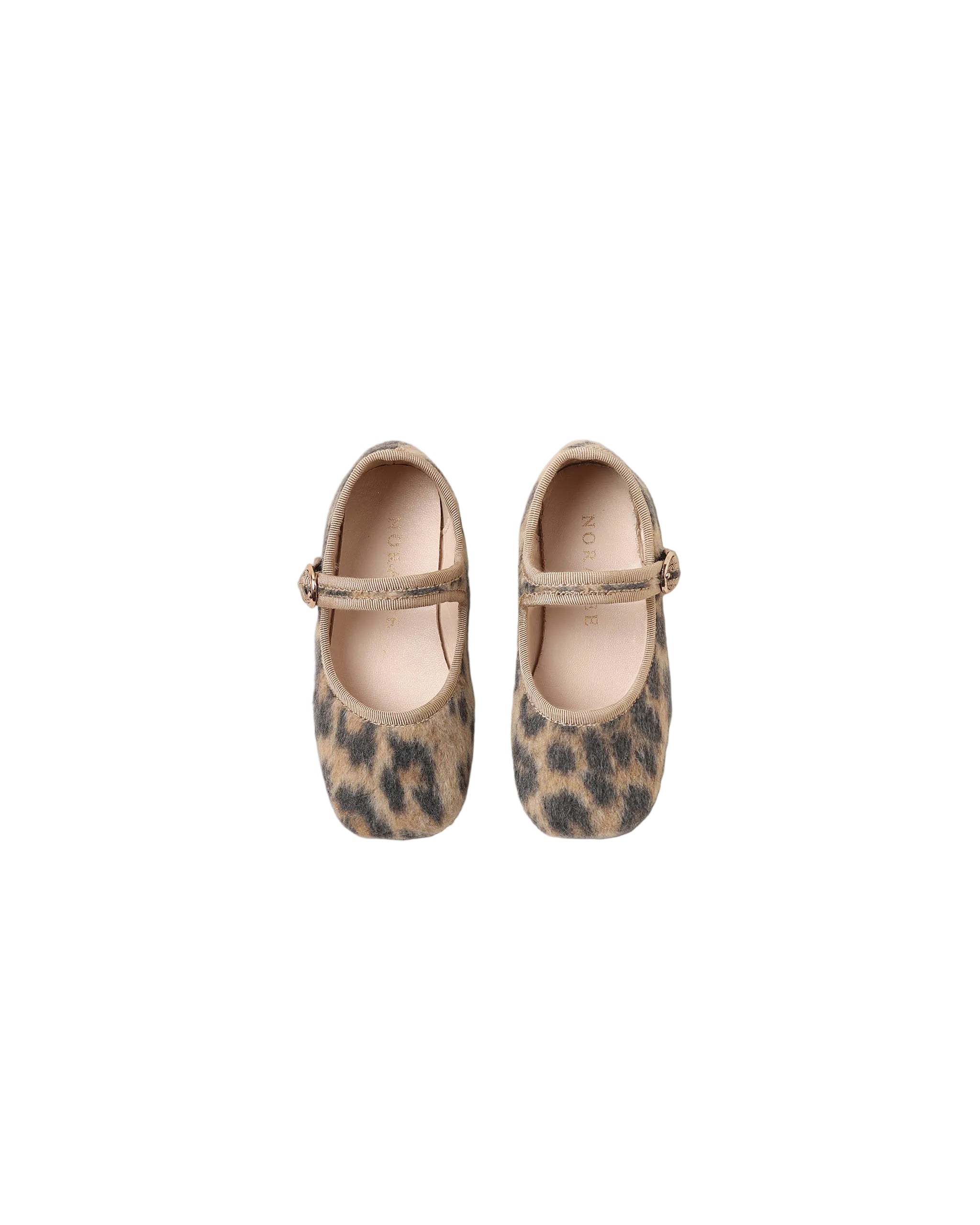 Noralee leopard print ballet flats for girls with square toes and adjustable straps shown from above on a white background