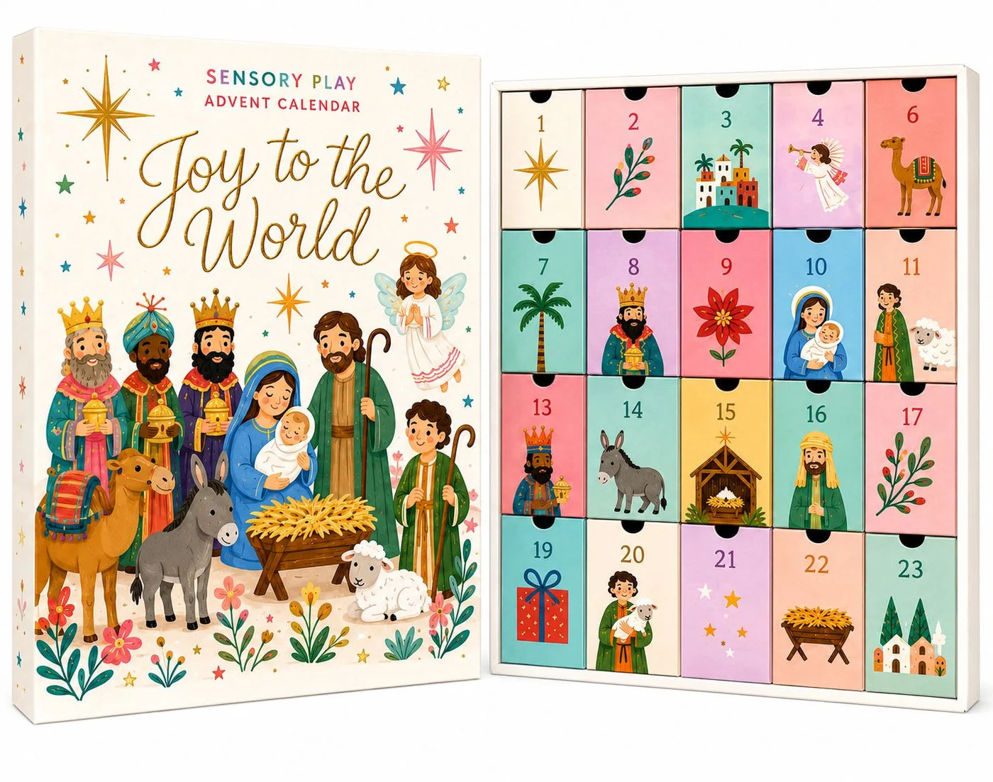 Nativity advent calendar with 24 numbered doors showing colorful scenes from the Christmas story beside illustrated packaging reading Joy to the World