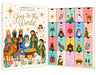 Nativity advent calendar with 24 numbered doors showing colorful scenes from the Christmas story beside illustrated packaging reading Joy to the World