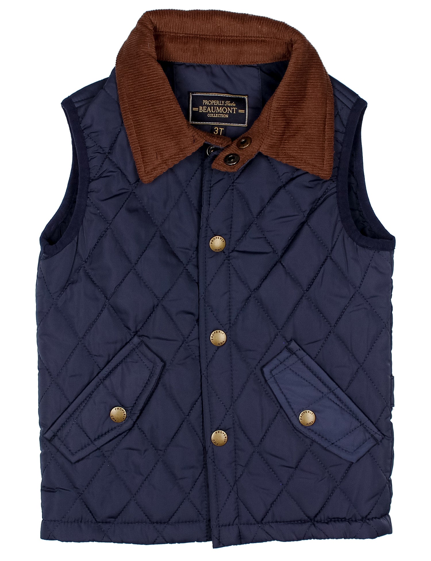 A navy blue quilted vest with a brown corduroy collar, featuring gold-tone snap buttons and flap pockets, shown against a plain white background.