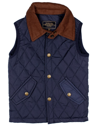 A navy blue quilted vest with a brown corduroy collar, featuring gold-tone snap buttons and flap pockets, shown against a plain white background.