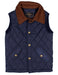 A navy blue quilted vest with a brown corduroy collar, featuring gold-tone snap buttons and flap pockets, shown against a plain white background.
