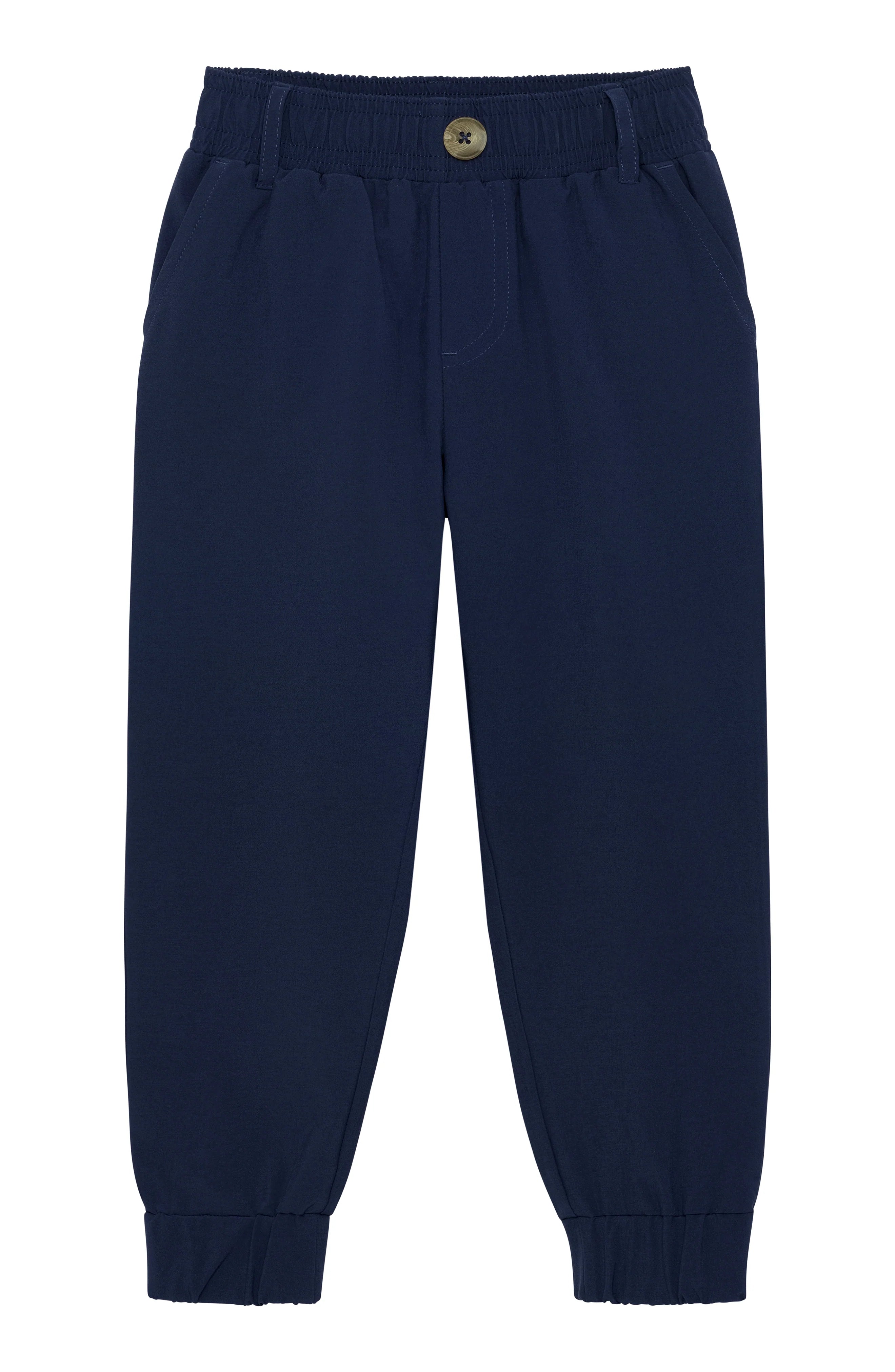 A pair of navy blue jogger-style pants with an elastic waistband, a single button closure, and elastic cuffs at the ankles, shown against a plain white background.