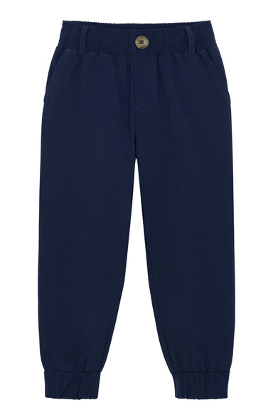 A pair of navy blue jogger-style pants with an elastic waistband, a single button closure, and elastic cuffs at the ankles, shown against a plain white background.