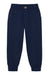 A pair of navy blue jogger-style pants with an elastic waistband, a single button closure, and elastic cuffs at the ankles, shown against a plain white background.