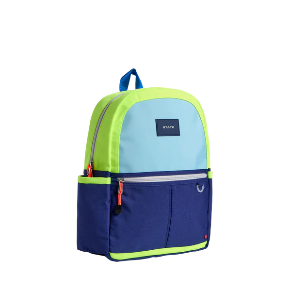 Side view of a navy and neon Kane Backpack