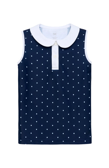 A sleeveless navy blue top with a white polka dot pattern, featuring a contrasting white Peter Pan collar and a white button placket.