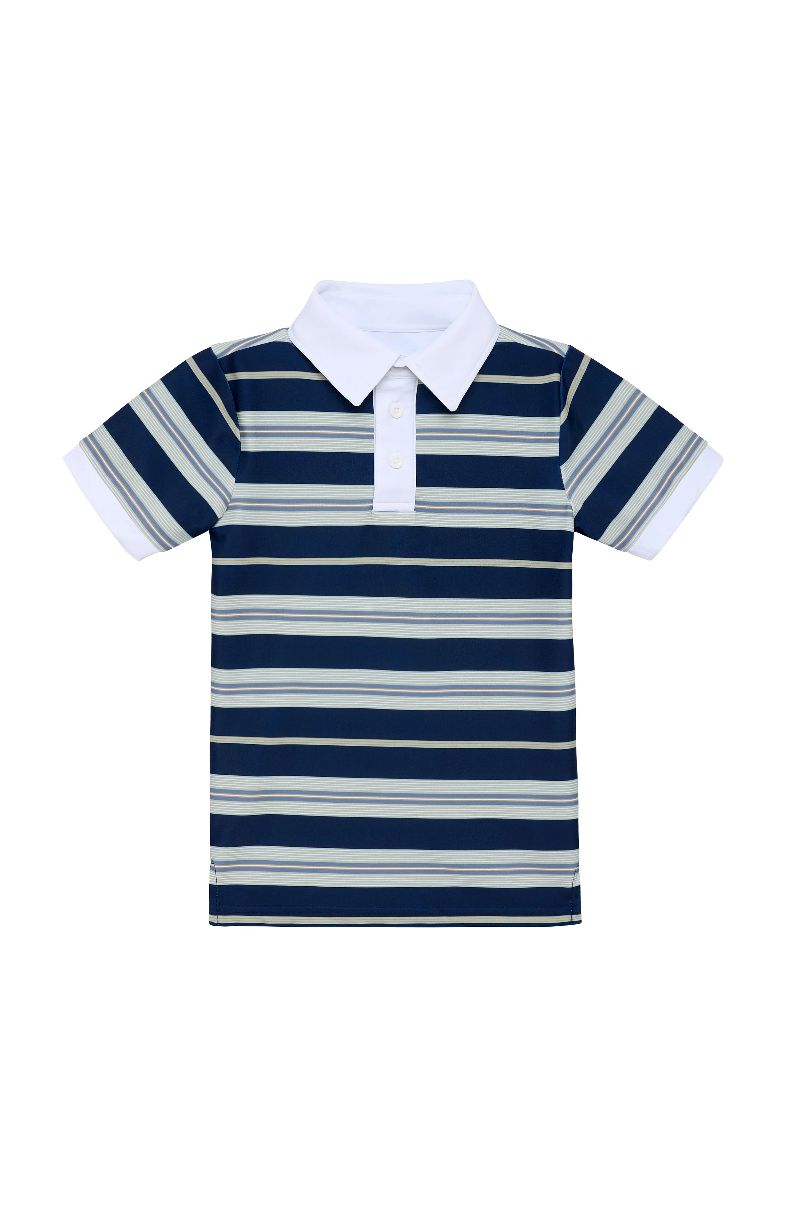 A short-sleeve polo shirt with horizontal navy, white, and light gray stripes, featuring a solid white collar and a white placket, shown against a plain white background.