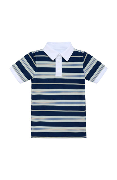 A short-sleeve polo shirt with horizontal navy, white, and light gray stripes, featuring a solid white collar and a white placket, shown against a plain white background.