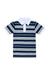 A short-sleeve polo shirt with horizontal navy, white, and light gray stripes, featuring a solid white collar and a white placket, shown against a plain white background.