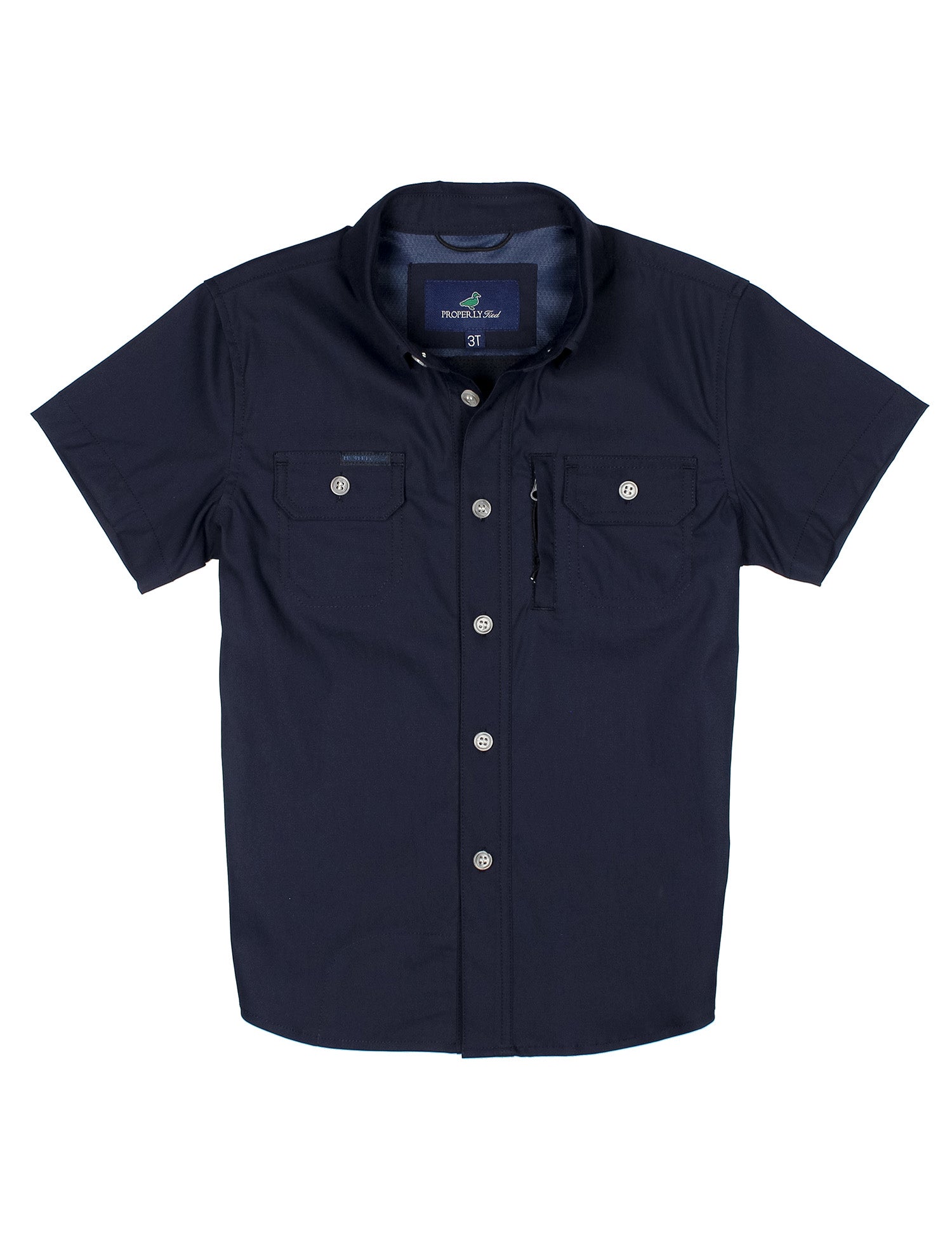 Navy blue short-sleeve shirt with button details on a white background