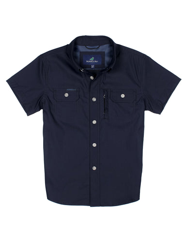 Navy blue short-sleeve shirt with button details on a white background