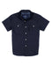 Navy blue short-sleeve shirt with button details on a white background