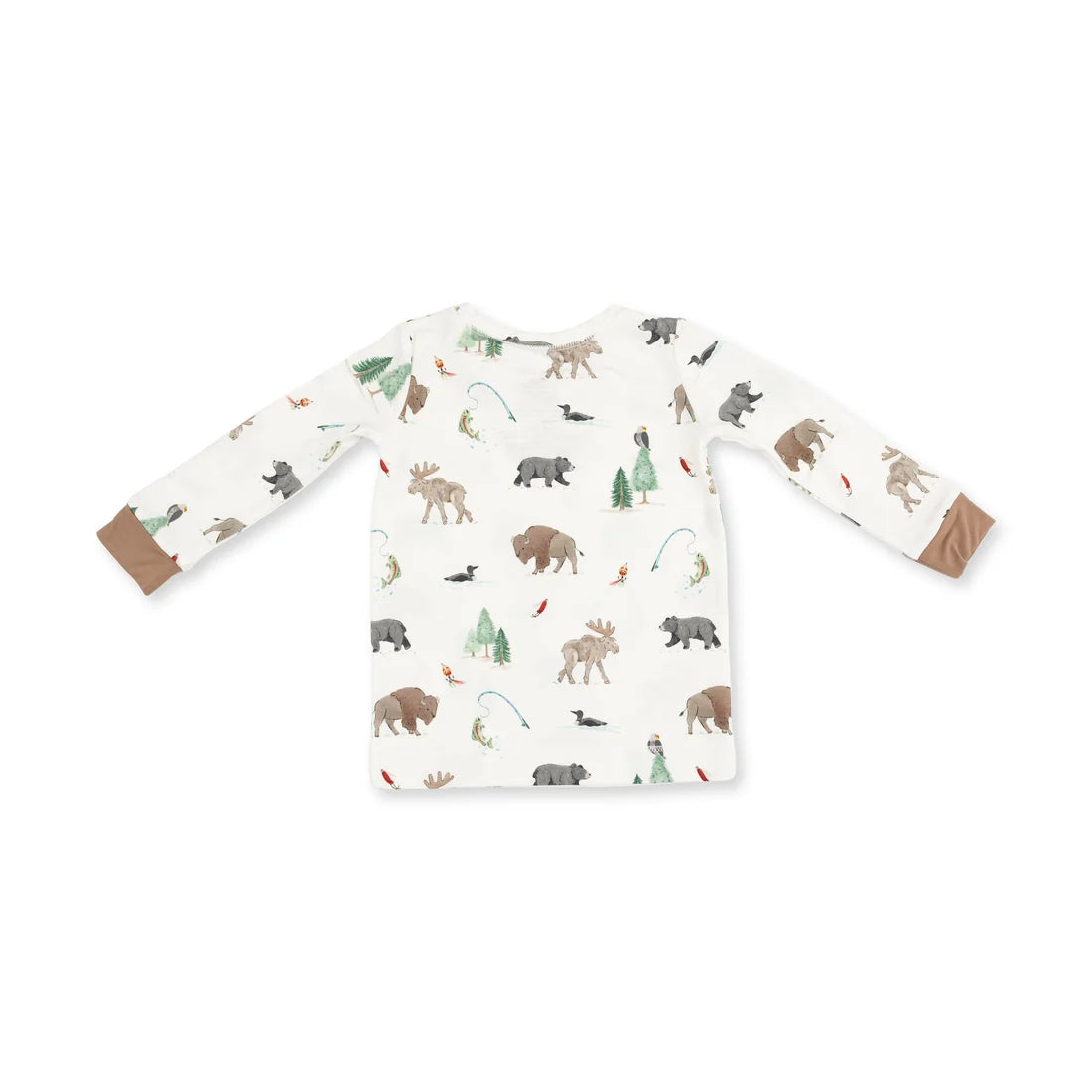 A long-sleeve baby shirt with an all-over woodland animal print on an off-white background, featuring brown cuffs.