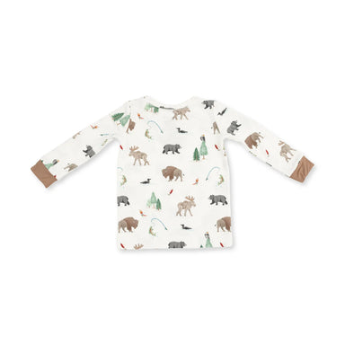 A long-sleeve baby shirt with an all-over woodland animal print on an off-white background, featuring brown cuffs.