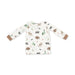 A long-sleeve baby shirt with an all-over woodland animal print on an off-white background, featuring brown cuffs.
