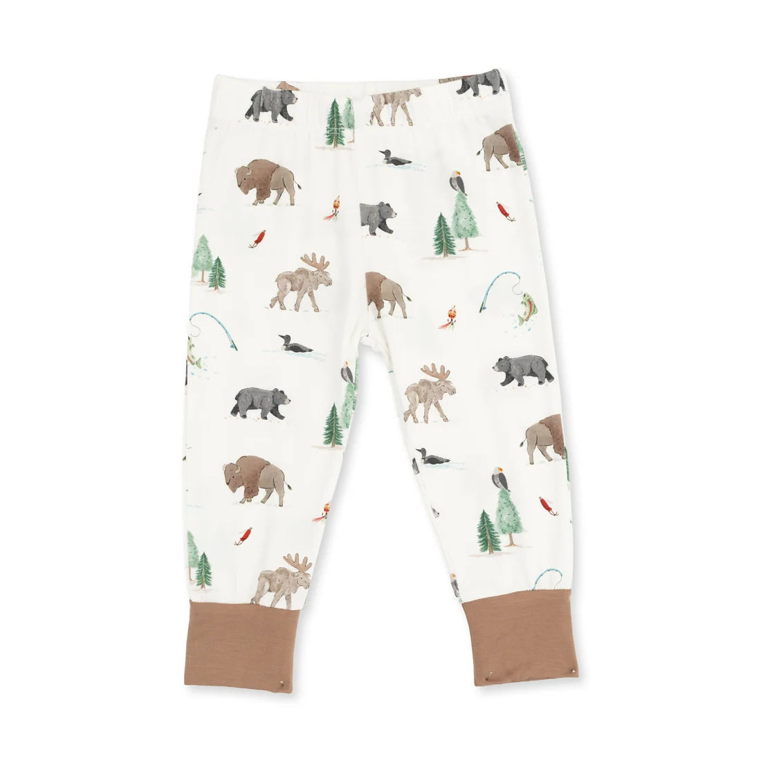 White children's jogger pants with an all-over woodland animal print including moose, bison, bears, and trees, finished with solid tan ankle cuffs.