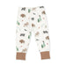 White children's jogger pants with an all-over woodland animal print including moose, bison, bears, and trees, finished with solid tan ankle cuffs.